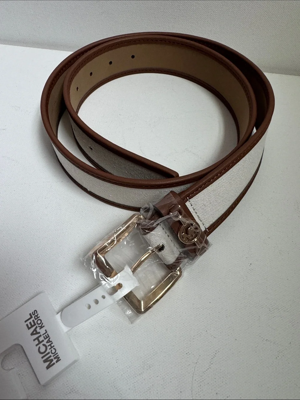 MICHAEL Michael Kors Cream Canvas Belt with Brown Trim and Gold Buckle